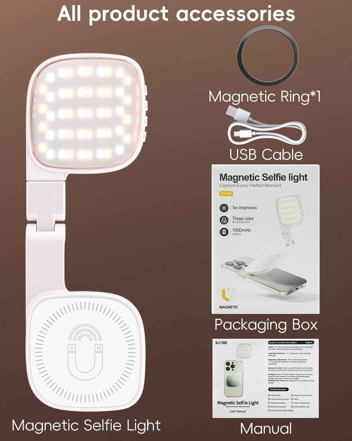 ATDIAG 360 3 Dimmable 1000mAh, 17-12 Magnetic Selfie Light for Video Calls, Foldable Ring Light with Colors