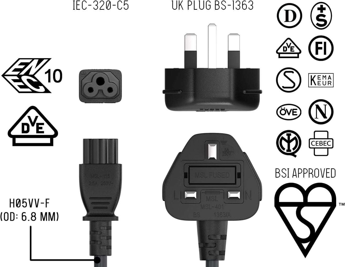 Cable Leader 6ft 18 2.5 IEC-320-C5 BS1363 AWG England Notebook Power Cord with A Fuse, to UK Plug