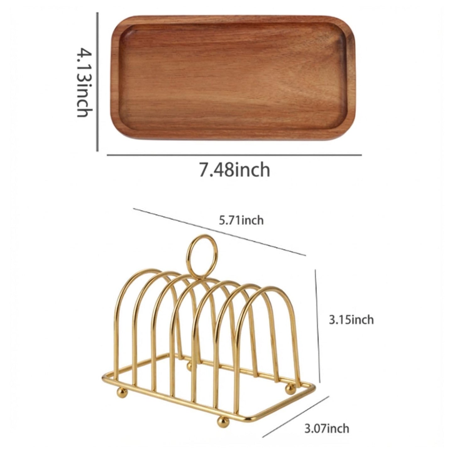 GOVNPJ Toast Rack, Set of 2 Gold 6-Slice Bread Holders, Victorian Style Stainless Steel Toast Stand with 2 Acacia Wood Trays, for Breakfast, Buffet and English Afternoon Tea
