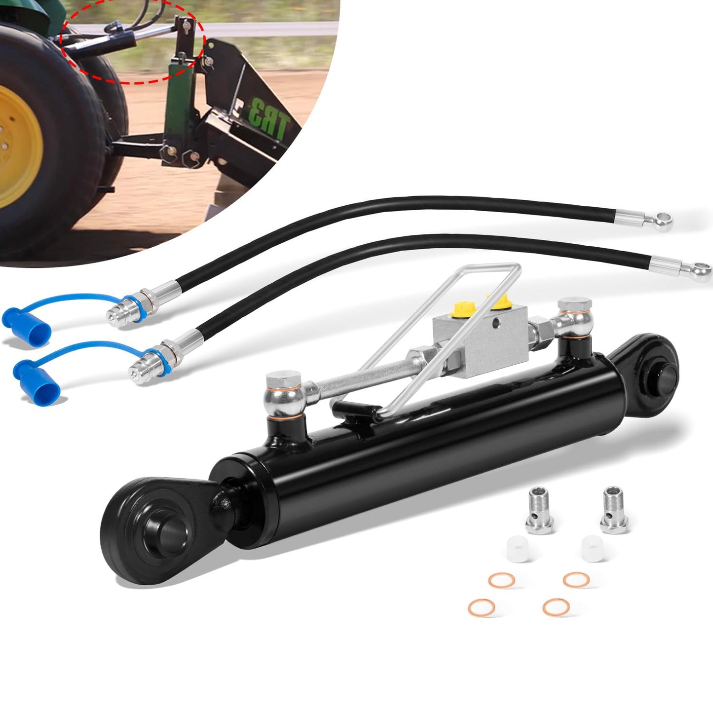 Hydraulic Top Link Cat. 1-1 (18 1/8” - 26 3/8”, 3/4" Hole) with Locking Block with 2 x Hose, SPH320032 2-Way Check Valve Hydraulic Cylinder for Tractor Excavators and Class 1& 2 Equipment