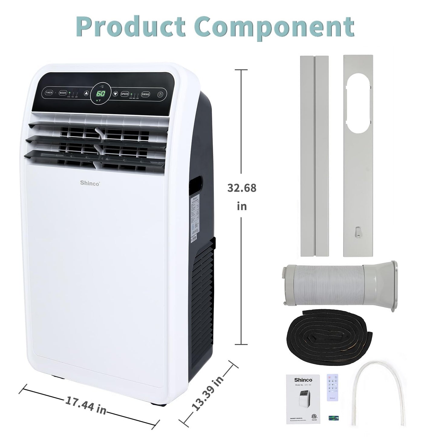 Shinco 12,000 BTU Portable Air Conditioner, Portable AC Unit with Built-in Cool, Dehumidifier&Fan Modes for Room up to 450 sq.ft, with Remote Control, 24 Hour Timer, Installation Kit