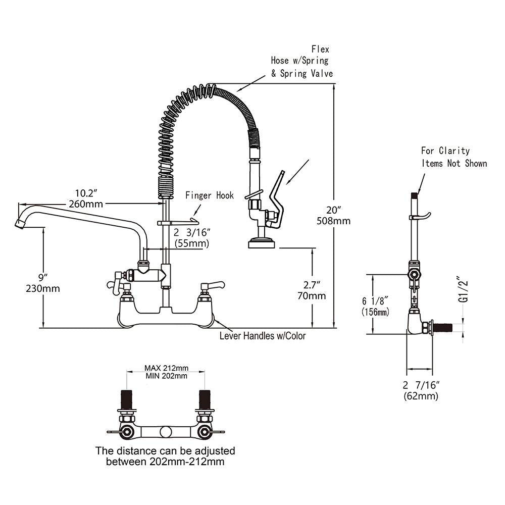 MSTJRY Commercial Faucet with Sprayer 20" Height, 8" Center with 8" Spout Commercial Wall Mount Kitchen Sink Faucet Pre Rinse Sprayer,for 1/2 Compartment Sink (Polished Chrome,Brass)