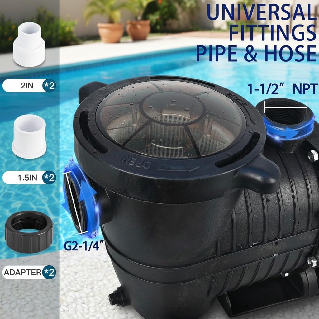 LANCHEZ In/Above Ground Pool Pump, Self Primming (Dual Speed, 1.5 HP, 6300 GPH, 115V, 1.5" & 2" NPT Adapter, Strainer Basket), Deep black