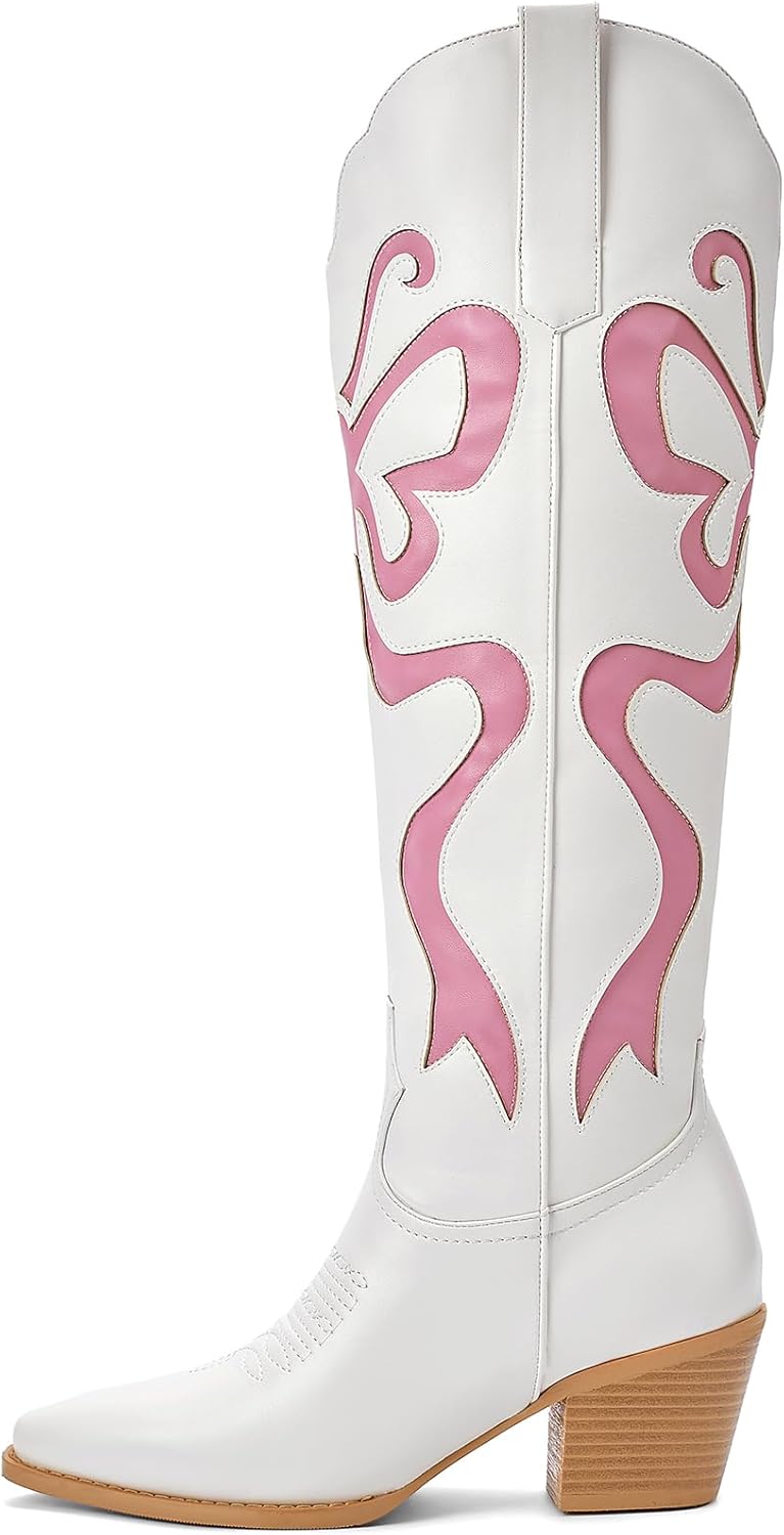 Skiennix Cowgirl Boots - Stylish Women's Knee-High Cowboy Boots with Colorful Bow Embroidery | White, Pointed Toe, Chunky Heel