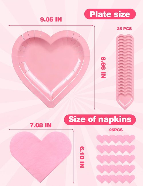 Diltik Pink Heart Shaped Party Plates and Napkins Set – 25PCS 9 Inch Disposable Paper Plates with 25PCS Heart Napkins for Birthday, Mother’s Day, Bridal Shower, Girls Party Decorations