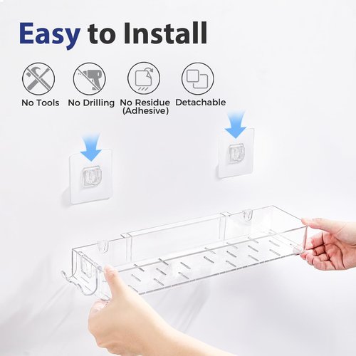 CQUNM 2 Pack Acrylic Shower Shelves, Clear Bathroom Tray with Hooks, Adhesive Wall Mount Shower Caddy Organizer for Bathroom Kitchen Storage