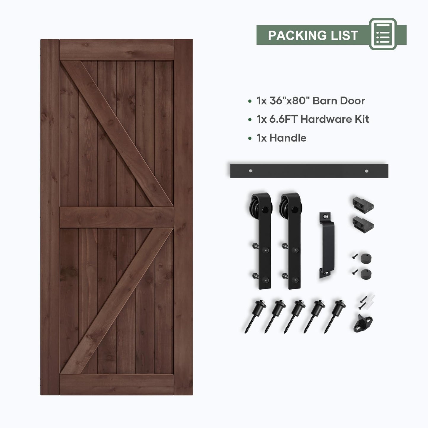 ROYMELO 36x80 inch Sliding Barn Wood Door Slab with 6.6ft Hardware Kit and Handle, Coffee, K Shape, Simple DIY Assembly