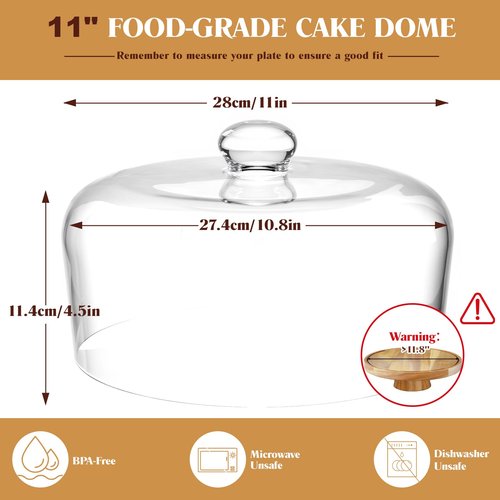 Krbnk 11 Inch Glass Cake Dome Cover, Upgraded Thickened Clear Cake Cover Lid for Cake Stand, Round Cloche Glass Dome for Dessert Plates Display and Protection