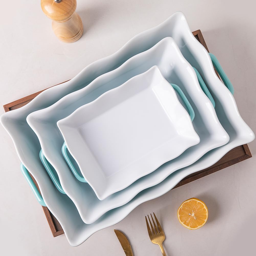 Sweejar Casserole Dishes - Ceramic Bakeware Set of 3 with Handles | Rectangular Wave Edge Lasagna Pan (White)