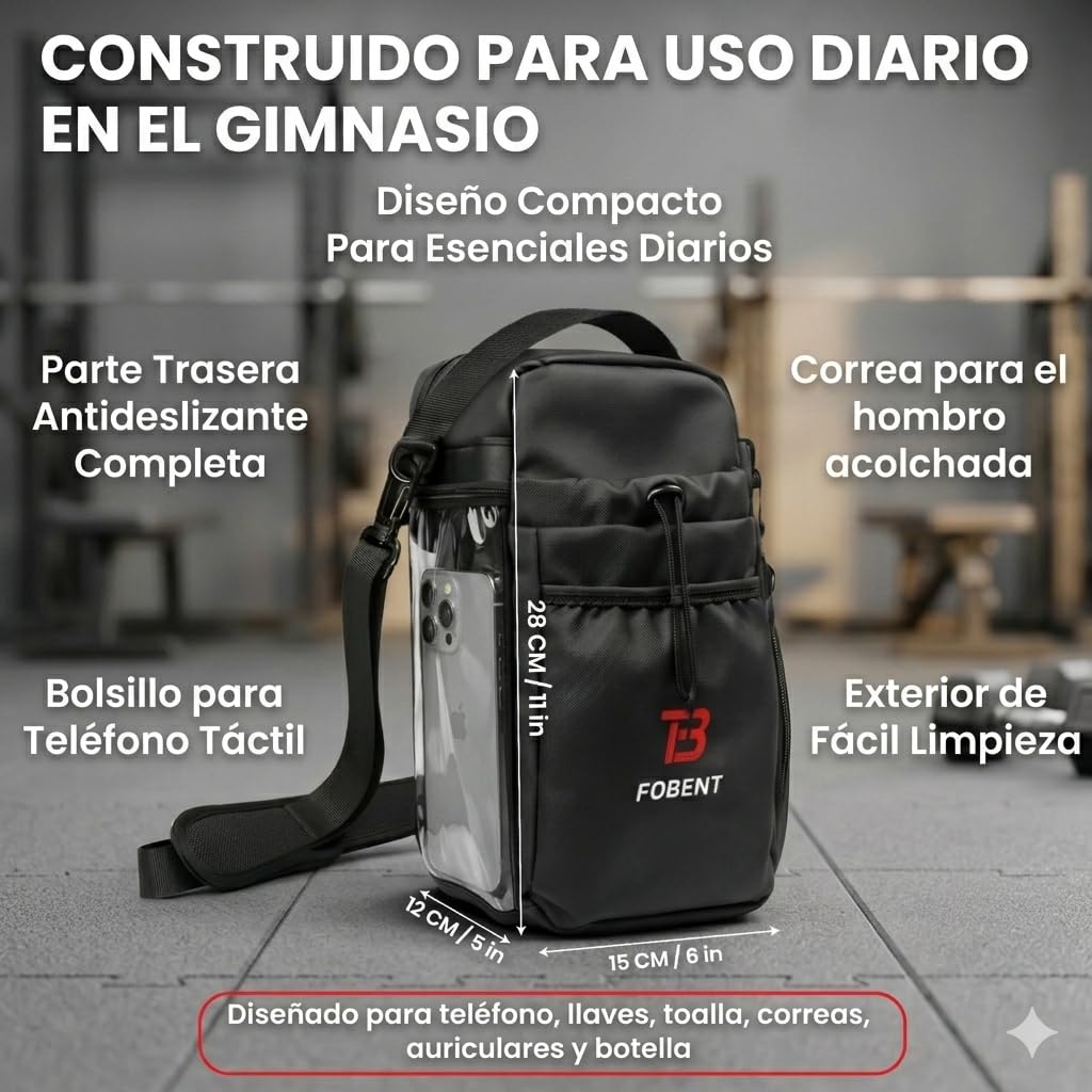 FBT Fobent Magnetic Gym Bag with Phone Pocket & Bottle Holder, 3 N52 Magnets, Full Non-Slip Back, Compact Gym Organizer for Racks & Machines, Holds Keys, Towel, Straps & Workout Essentials