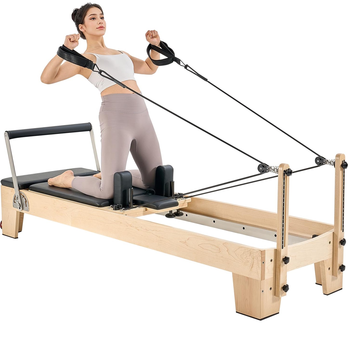 VEVOR Pilates Reformer Machine, Wooden Pilates Workout Equipment for Home Gym Studio Use, Pilates Bed with Dual Resistance- Spring & Cord, Reformer Set with Sitting Box, Up to 400 LBS