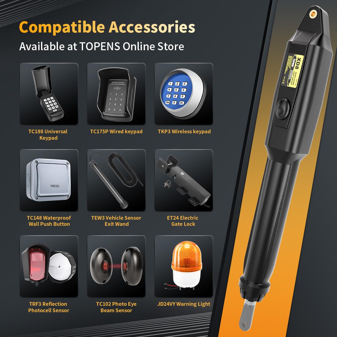 TOPENS XD851 Smart Gate Opener for Heavy Duty Single Swing Gates Up to 18ft, Automatic Gate Opener with App Control AC Powered Remote Control Kit Solar Compatible