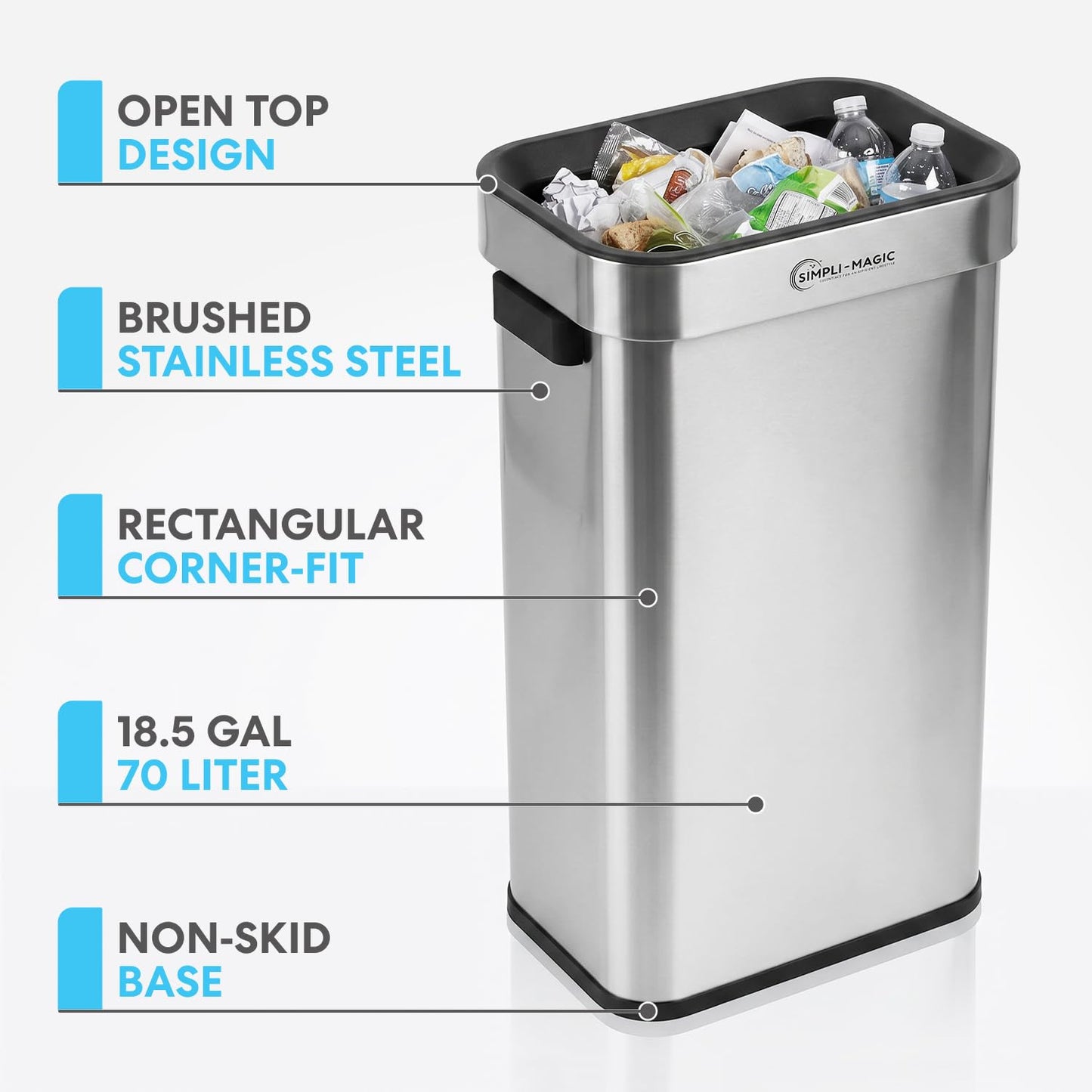 Simpli-Magic 18.5 Gallon (70L) Open Top Trash Can – Rectangular Commercial Trash Can – Smudge-Resistant, Easy to Clean, Non-Skid Base, Brushed Stainless Steel