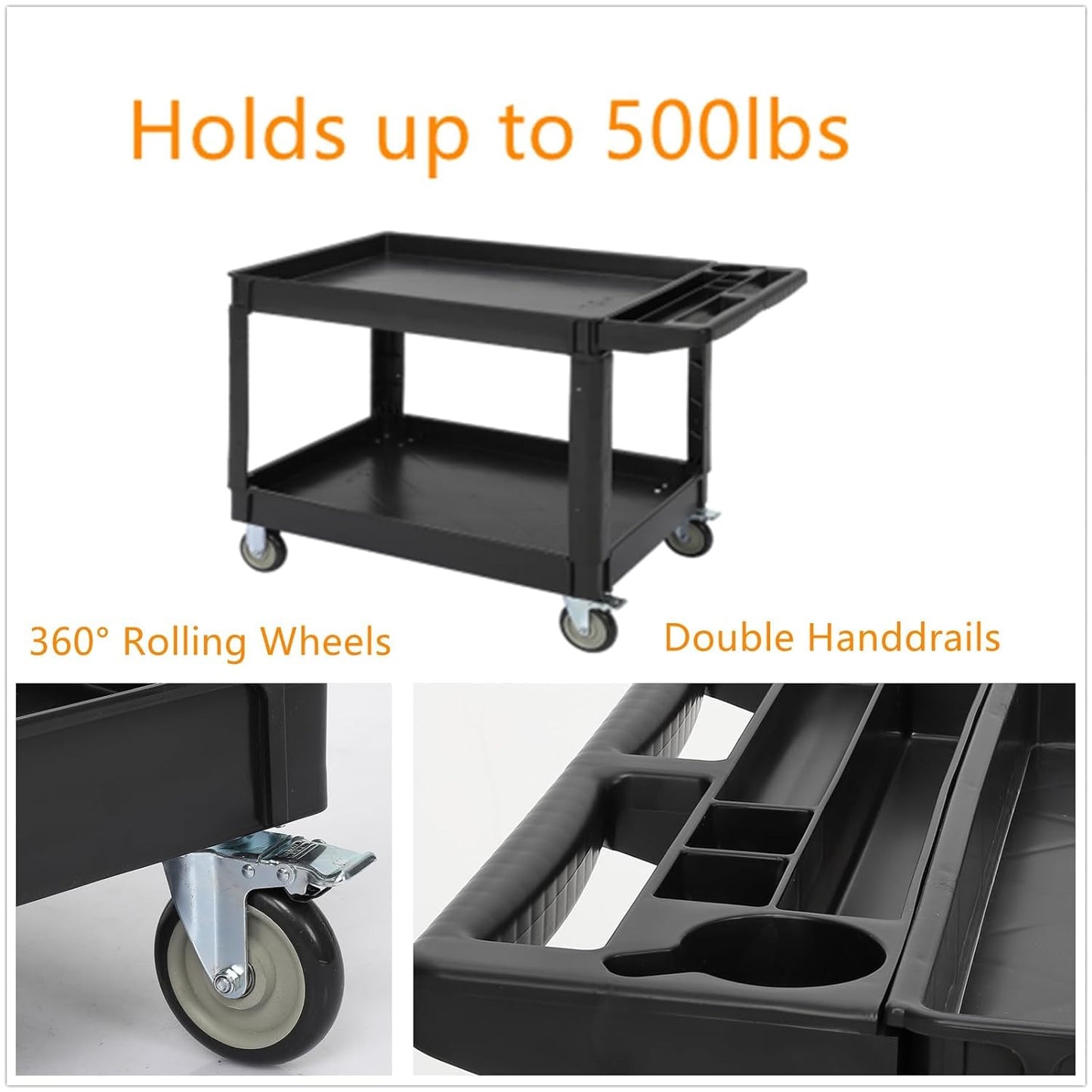 Service Cart 2-Shelf, Storage Handle, 500 lbs Capacity, for Warehouse/Garage/Cleaning/Manufacturing,45"X25"