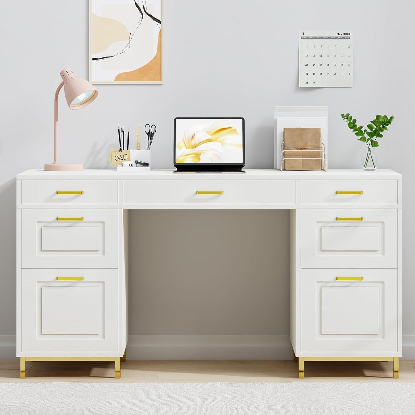 MaverickFurni White and Gold Desk with 2 File Drawers, 57 Inch Office Computer Desk with 7 Drawers, White Desk with Storage, Wooden Executive Desk for Office, Workspace for Work Study Writing
