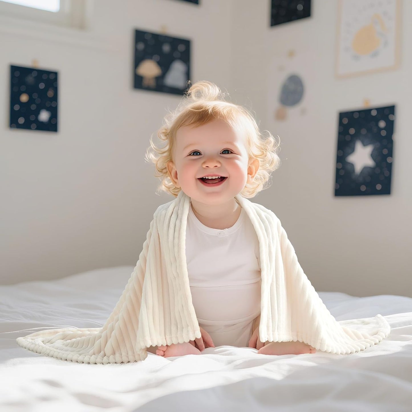Skiennix Soft Fleece Baby Blanket - Ultra Cozy & Lightweight Reversible Stripes | 30x40 Inch, Cream