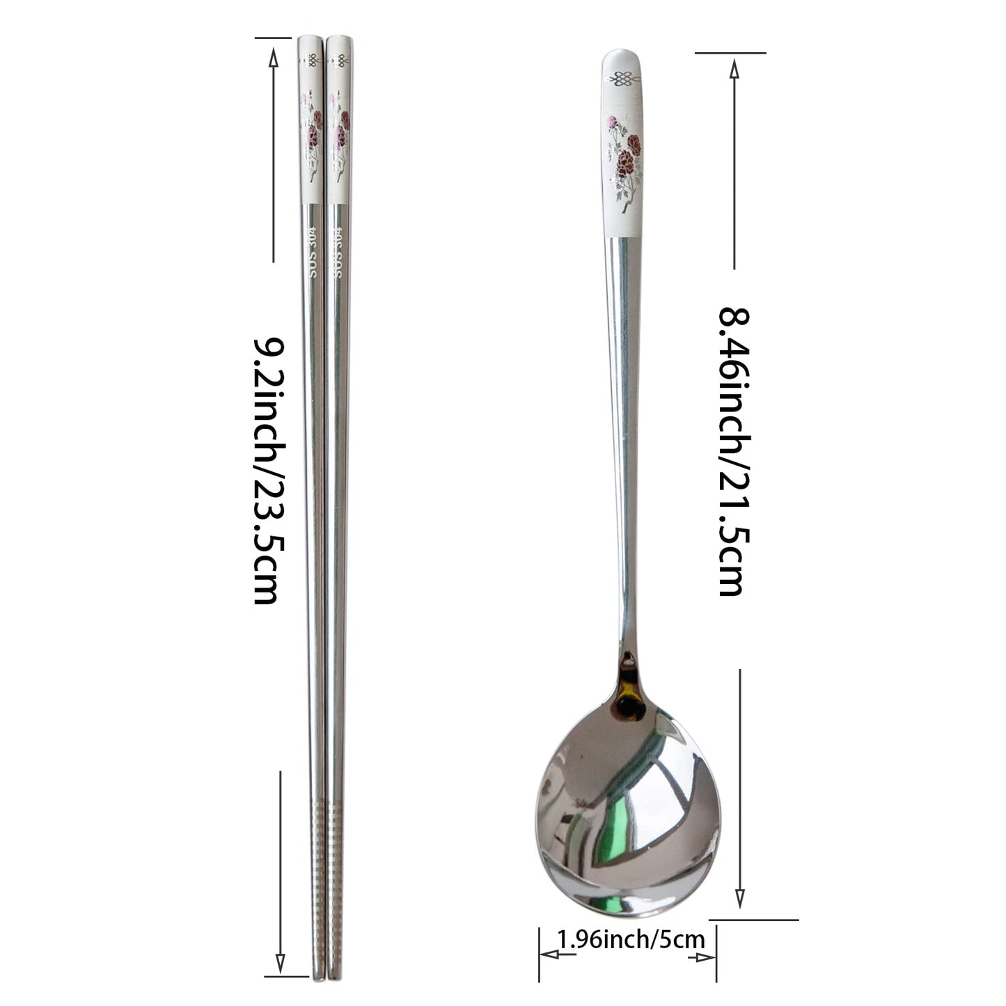 YAPULLYA Reusable Chopstick and Spoon Set, Korean Long Handle Stainless Steel Spoon and Chopsticks Set, Dishwasher Safe Metal Chop sticks, Set of 3. (Multi-patterned)