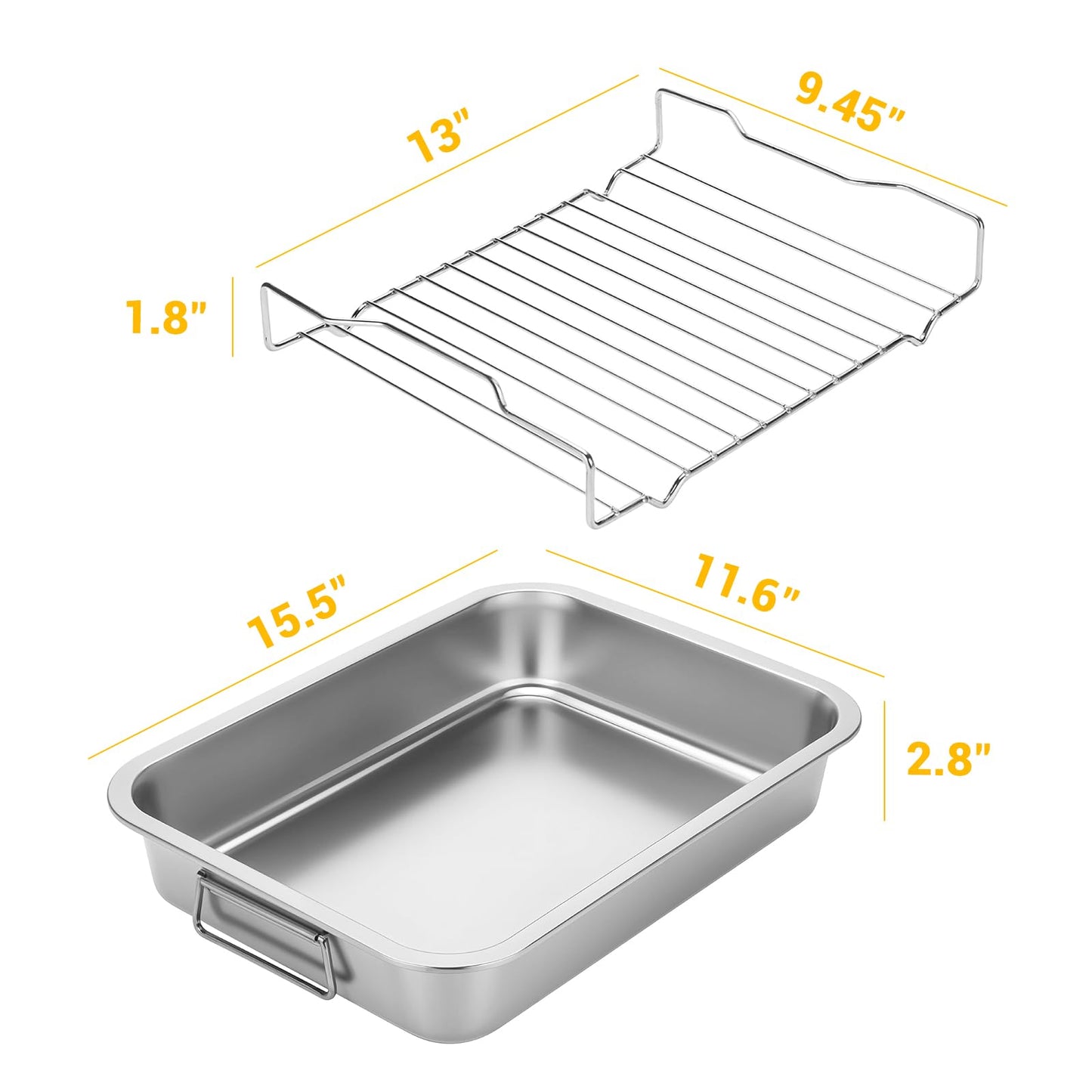 Tifanso Stainless Steel Roasting Pan - Heavy Duty Turkey Roasting Baking Broiler Oven Pan with Rack and Handle for Oven, High Sided Easy to Clean Induction Roast Tray for Chicken, Vegetable, Lasagna