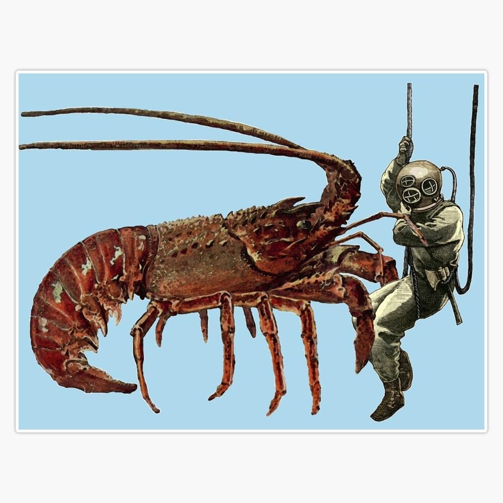 BKR Graphics 5" Vintage Helmet Diver Observing a Giant Lobster URM Sticker Decal Car Window Water Bottle