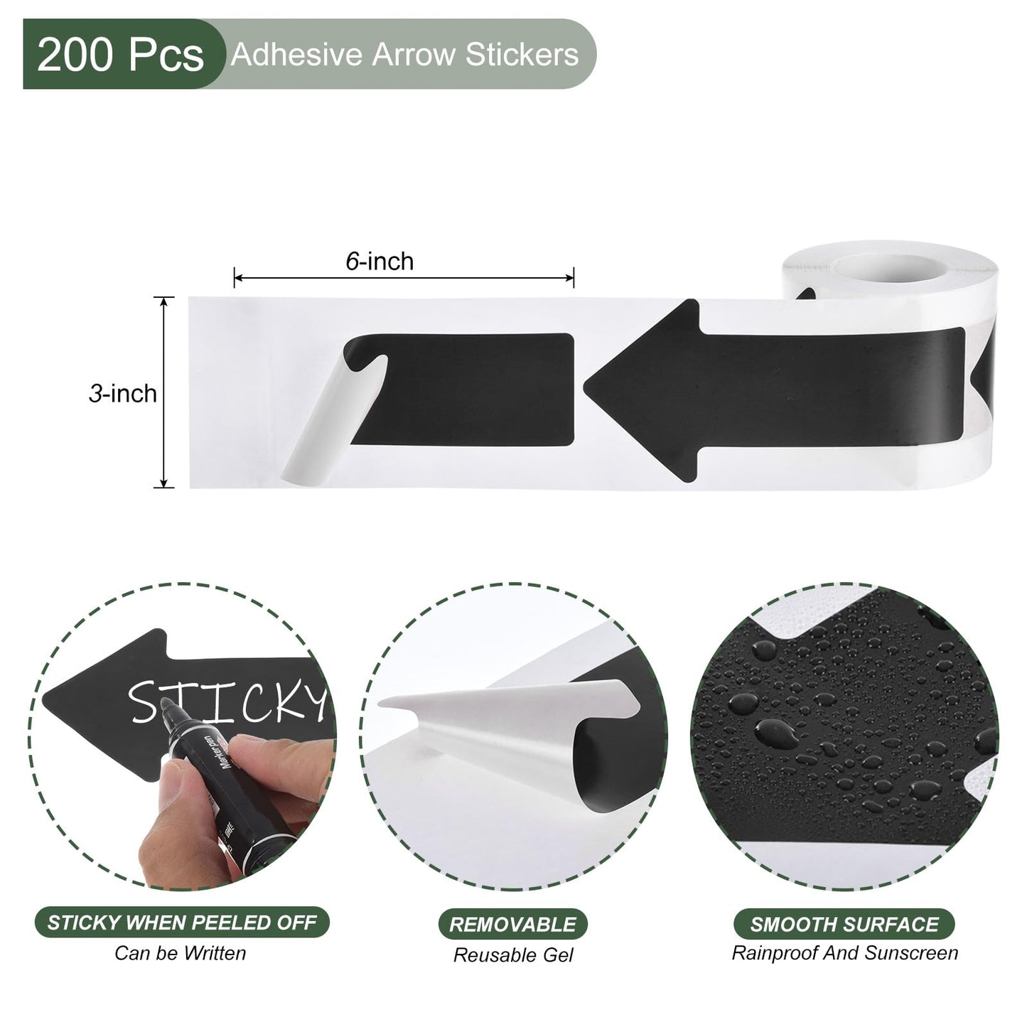 YOKIVE Adhesive Arrow Stickers, Floor Tape Marker Directional Arrow Decal for Fridge Classroom Package Sign, 3"x6", 200pcs, Black