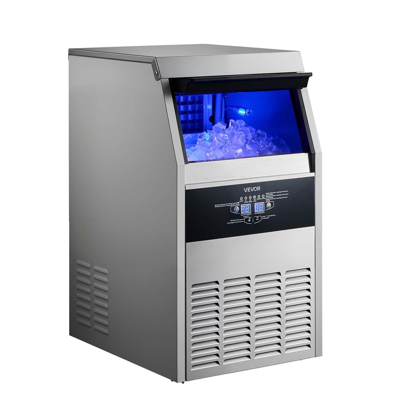 VEVOR Commercial Ice Maker Machine, 130 lbs/24h with 30 lbs Storage Capacity, Built-in/Freestanding/Under Counter, Stainless Steel Ice Maker with LED Display & Self-Cleaning, for Home Bar Restaurant