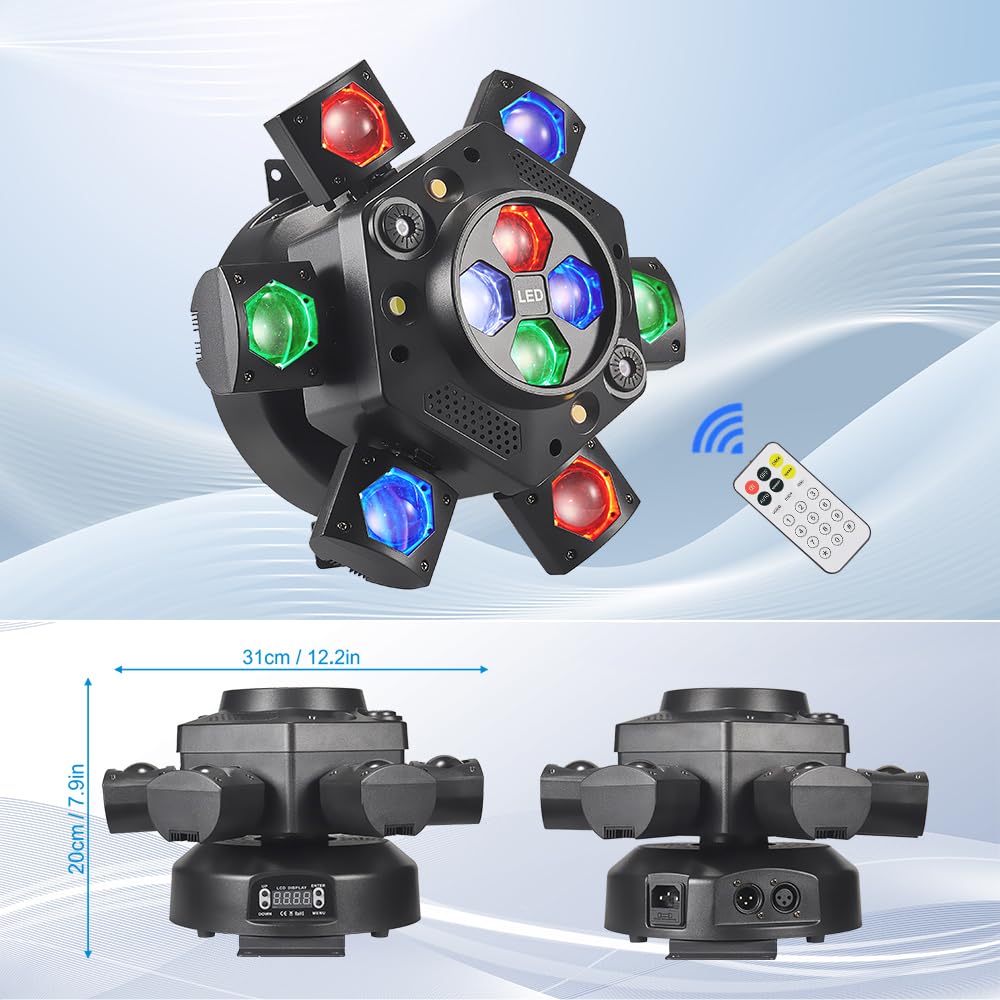 Moving Head DJ Lights, Rualin 150W LED Stage Light 4 in 1 with RGBW 6 Arms Beam, Bee-Eye Light, Red Green Starry and White Amber Strobe, Remote & DMX Control for Disco Club Party DJ Stage Lighting