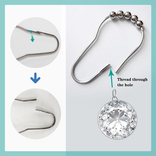 Crystal Shower Curtain Hooks Decorative Clear Bling Rings Cute Girly Glitter Luxury Elegant White Rhinestones Diamond Bathroom Accessories Rust Resistant 12 Pack (White)