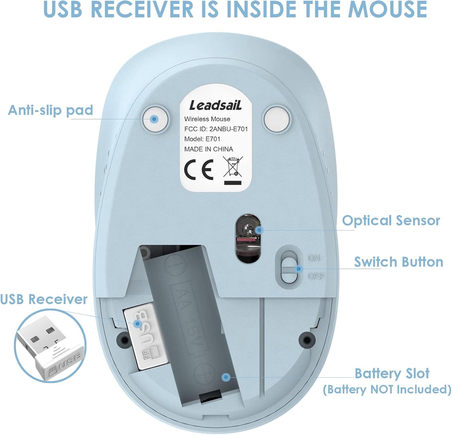 LeadsaiL 2.4GHz 3 1600 Wireless Mouse for Laptop, Silent USB Mouse, Slim Optical Mouse with Buttons, DPI, Works