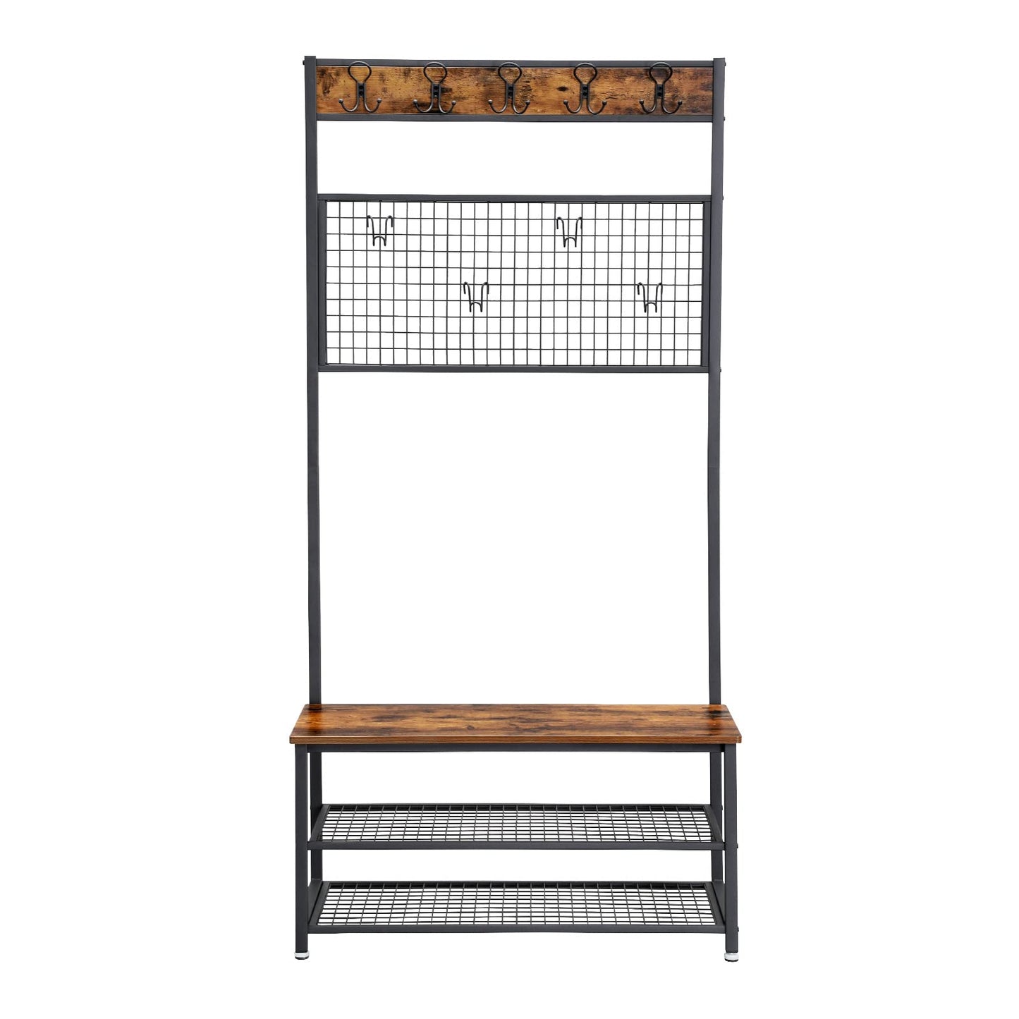 VASAGLE Industrial Coat Rack Stand, Shoe Rack Bench with Grid Memo Board, 9 Hooks and Storage Shelves, Hall Tree with Stable Metal Frame, Rustic Brown UHSR46BX