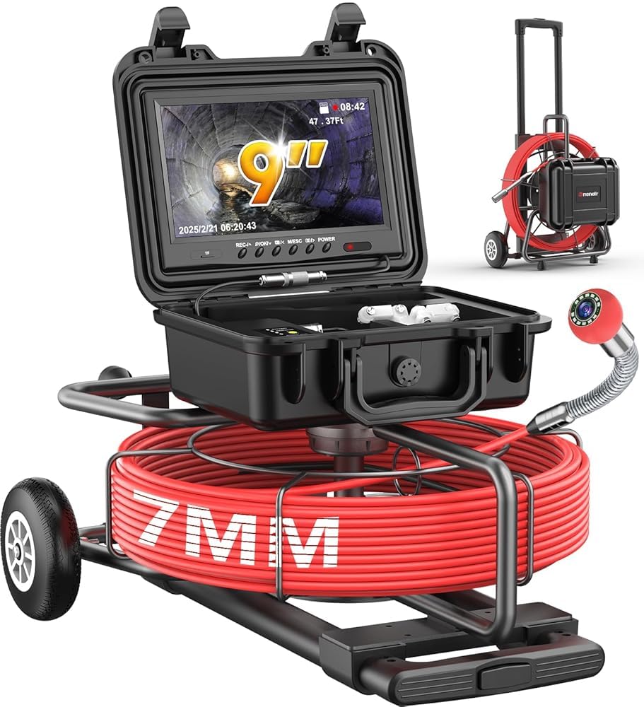 Sewer Camera with 512Hz Sonde 165ft, 7mm Cable Self Leveling Drain Cameras with Distance Counter, 9" HD Plumbing Camera Snake with Light, Pipe Inspection Cam with DVR (w/a Pull Rod and Wheels)