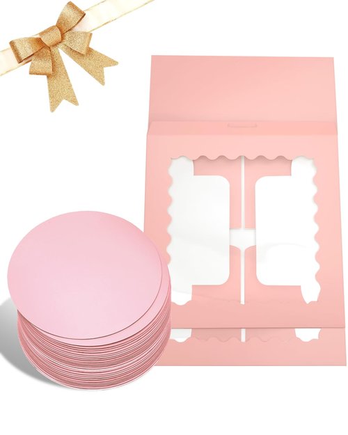 Bakepacker 8x8x5 Inches 36pcs Matte Pink Cake Boxes with Window 18-Packs (18 Boxes +18 Cake Boards Included)