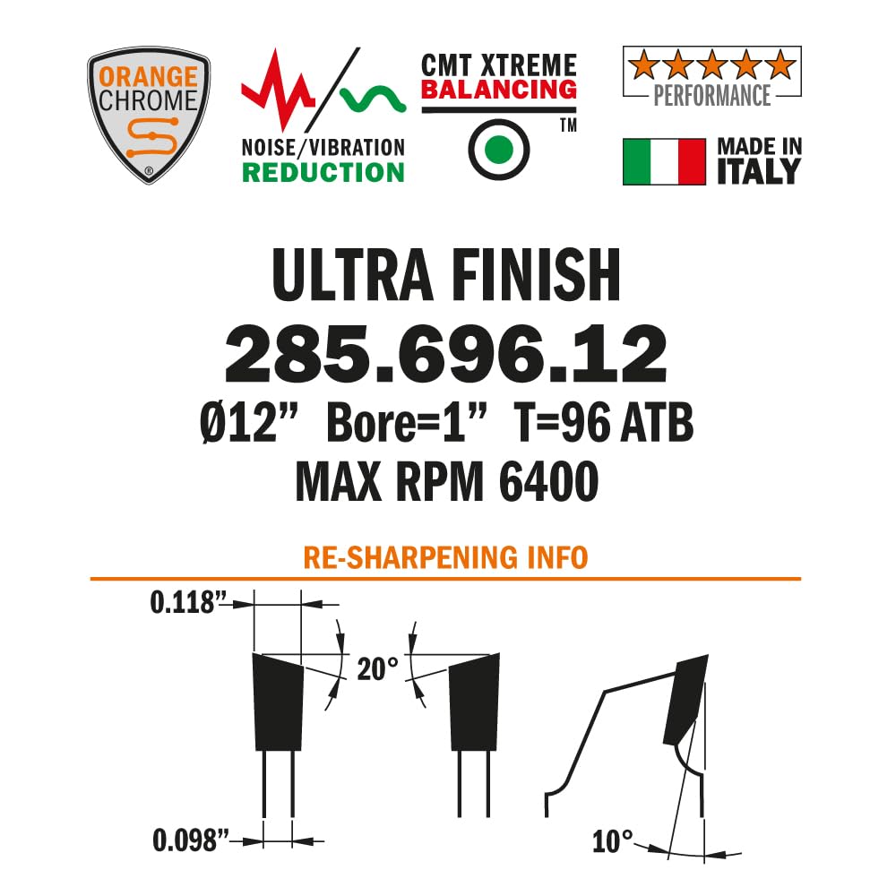 CMT Orange Tools 285.696.12 - Ultra Fine Finishing Saw Blade HW D=12 B=1 Z96 K=0.118 P=0.098 a=10