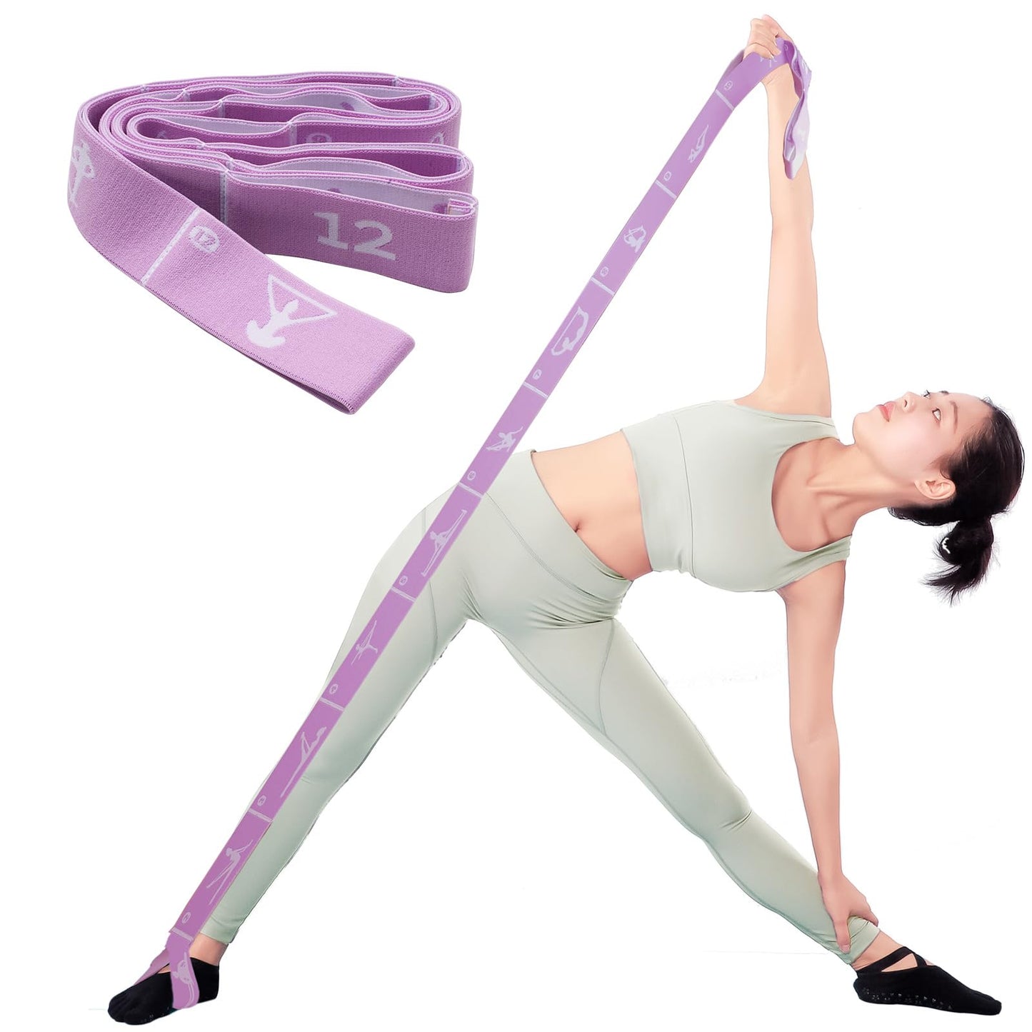 12 Loops Extra Long Yoga Stretching Band for Adults and Tall People, Adjustable Elastic Strap for Full Body Deep Stretch, Home Pilates, Ballet, Dance, Physical Therapy, Flexibility Training (Purple)
