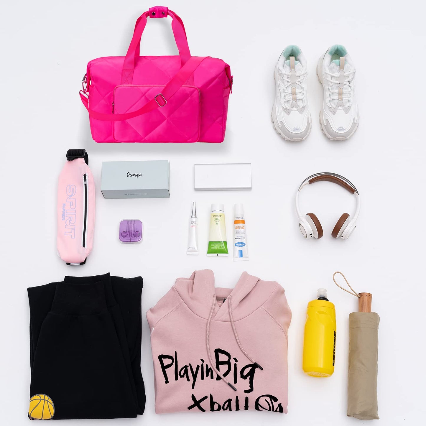Hot Pink Gym Bag for Women, 18 Inch Lightweight Puffy Carry On Duffel Bag for Travel Sports Yoga, Water Resistant