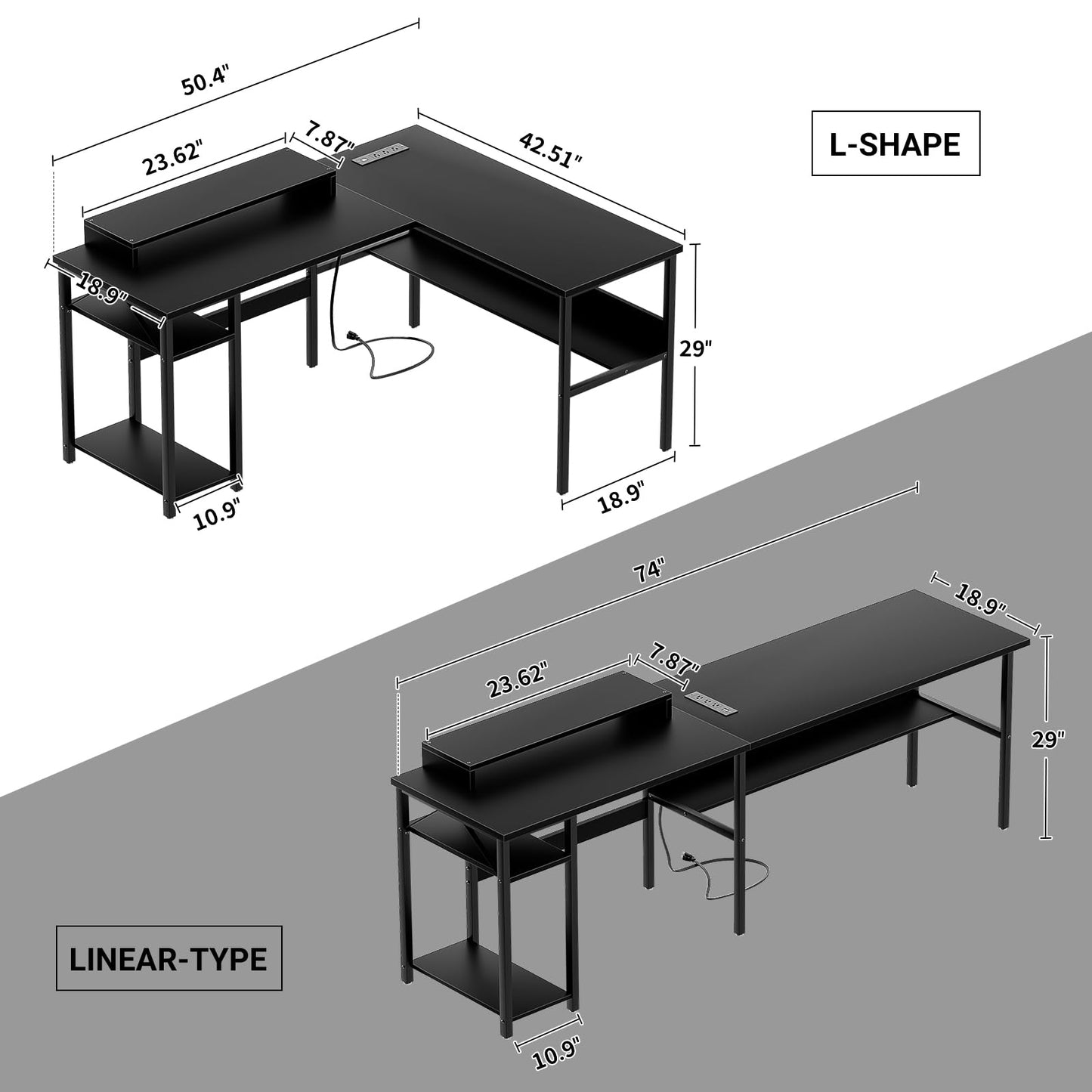 Unikito Reversible L Shaped Desk with Magic Power Outlets and Smart LED Light, Sturdy Corner Computer Desk with Monitor Stand & Storage Shelves, Gaming Table Home Office Desk, Easy Assembly, Black