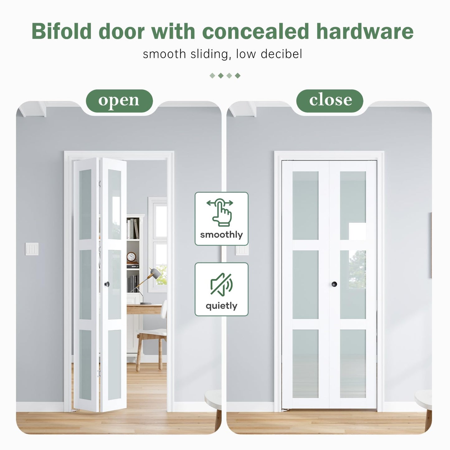 Roymelo Bifold Doors for 28"×80-3/4" Opening, Preassembled White Frosted Glass Folding Barn Door, Sliding Interior Wood Panel Closet Bifolding Door with Concealed Hardware Kit Included