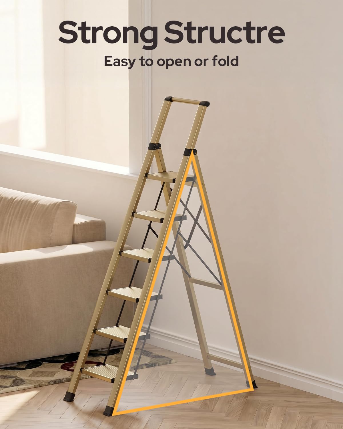 GameGem 6 Step Ladder for 12 Feet High Ceiling, Lightweight Aluminum Folding Step Stool with Convenient Handgrip, Stepladders with Anti-Slip and Wide Pedal for Home Use Space Saving - Gold
