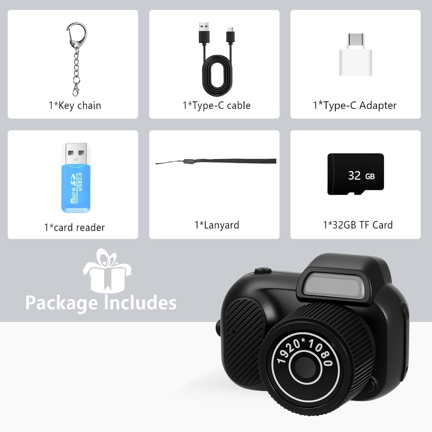 Mhaohuofu 1080p 8MP 32GB 8 0.96" 100 Mini Keychain Camera, FHD Cute Mini Digital Camera with SD Card, Creative Filters