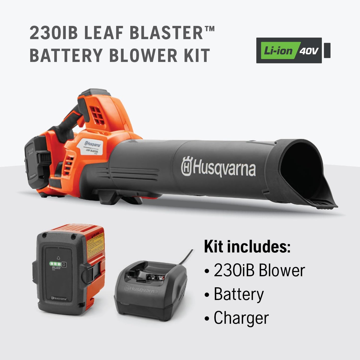 Husqvarna 230iB Battery Powered Cordless Leaf Blower, 136-MPH 650-CFM Electric Leaf Blower with Brushless Motor and Quiet Operation, 40V Lithium-Ion 4 Ah Battery and Charger Included, 970480204