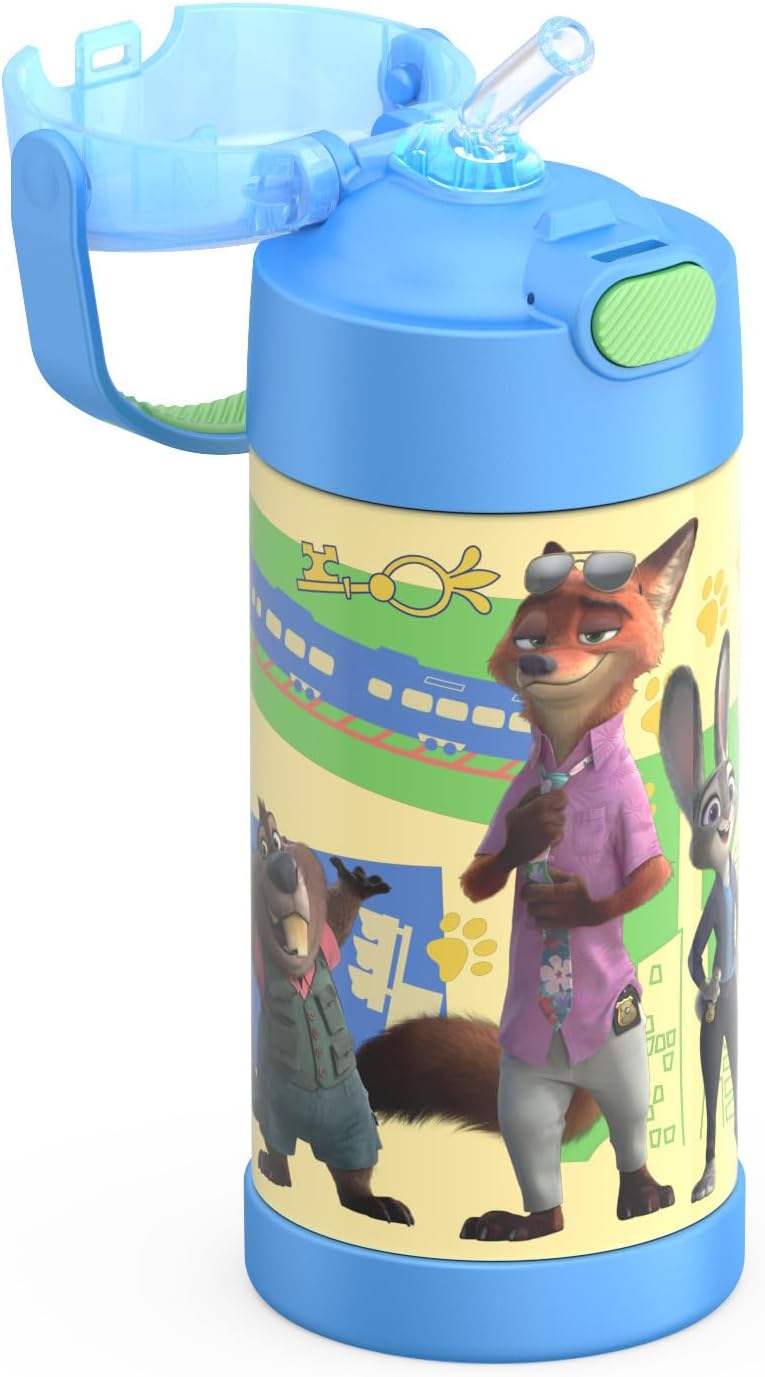 THERMOS FUNTAINER Water Bottle - 12 Ounce Kids Stainless Steel Vacuum Insulated with Straw | Zootopia Design