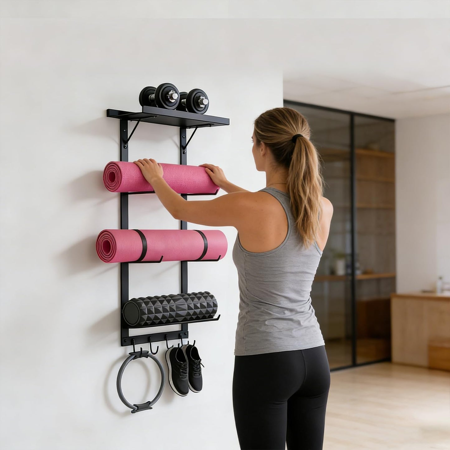 LFIPYM Black Wall Mount Yoga Mat Holder with Floating Shelf & 5 Hooks, Home Gym Storage Rack for Yoga Mats, Foam Rollers and Resistance Bands, Metal