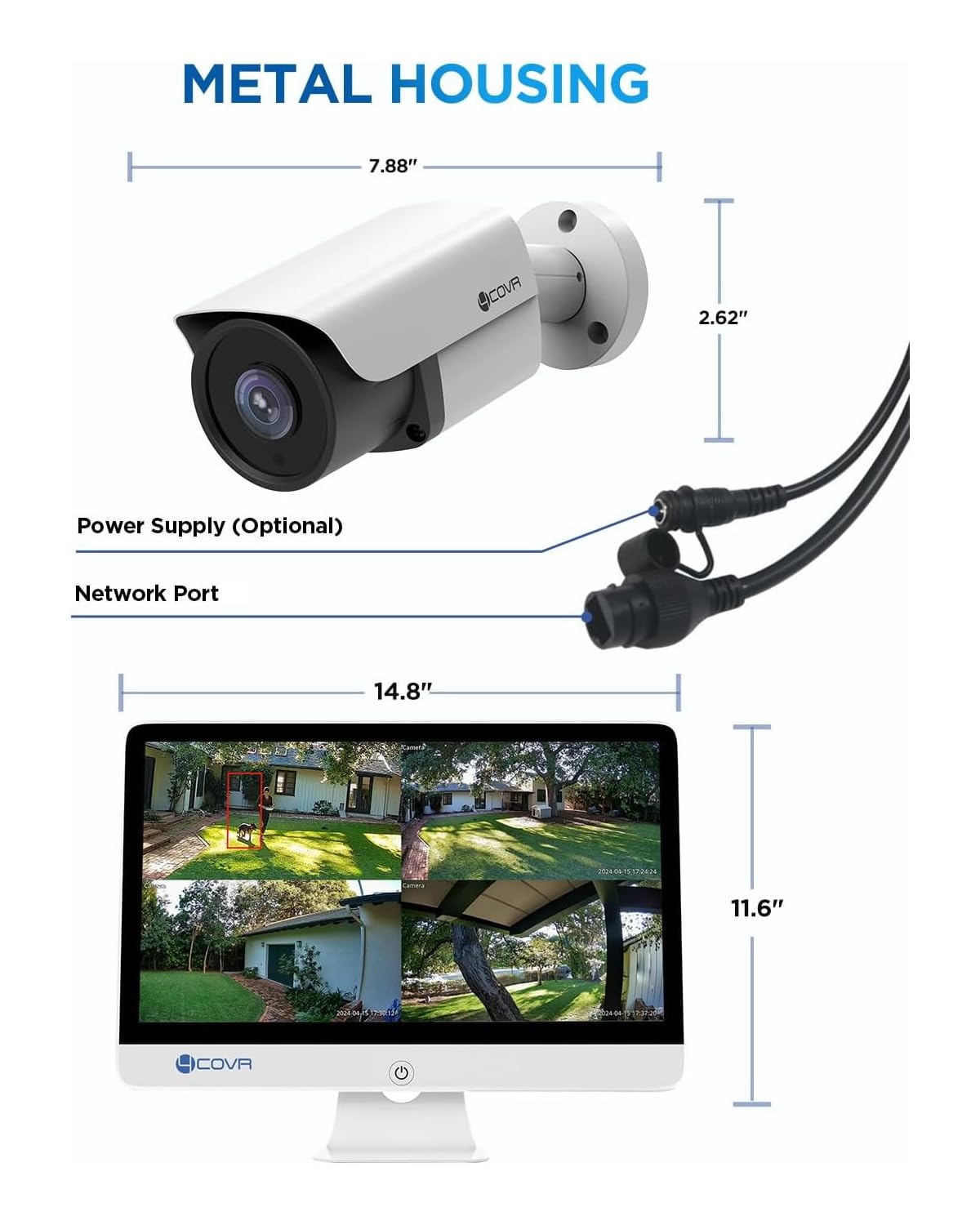 4COVR 8 Channel Security Camera System with Monitor, 8CH H.265 NVR with 2TB HDD, AI Human Vehicle Detection, 8Pcs 8MP IP67 PoE IP Bullet Camera Night Vision with Mic, 24/7 Recording, LY37EX8MU808