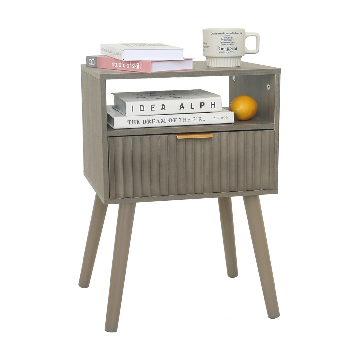 Fultyle Grey Nightstand, Modern Night Stand Wood, Fluted Bedside Table with Solid Wood Legs for Bedroom, Dorm and Small Space (Grey)