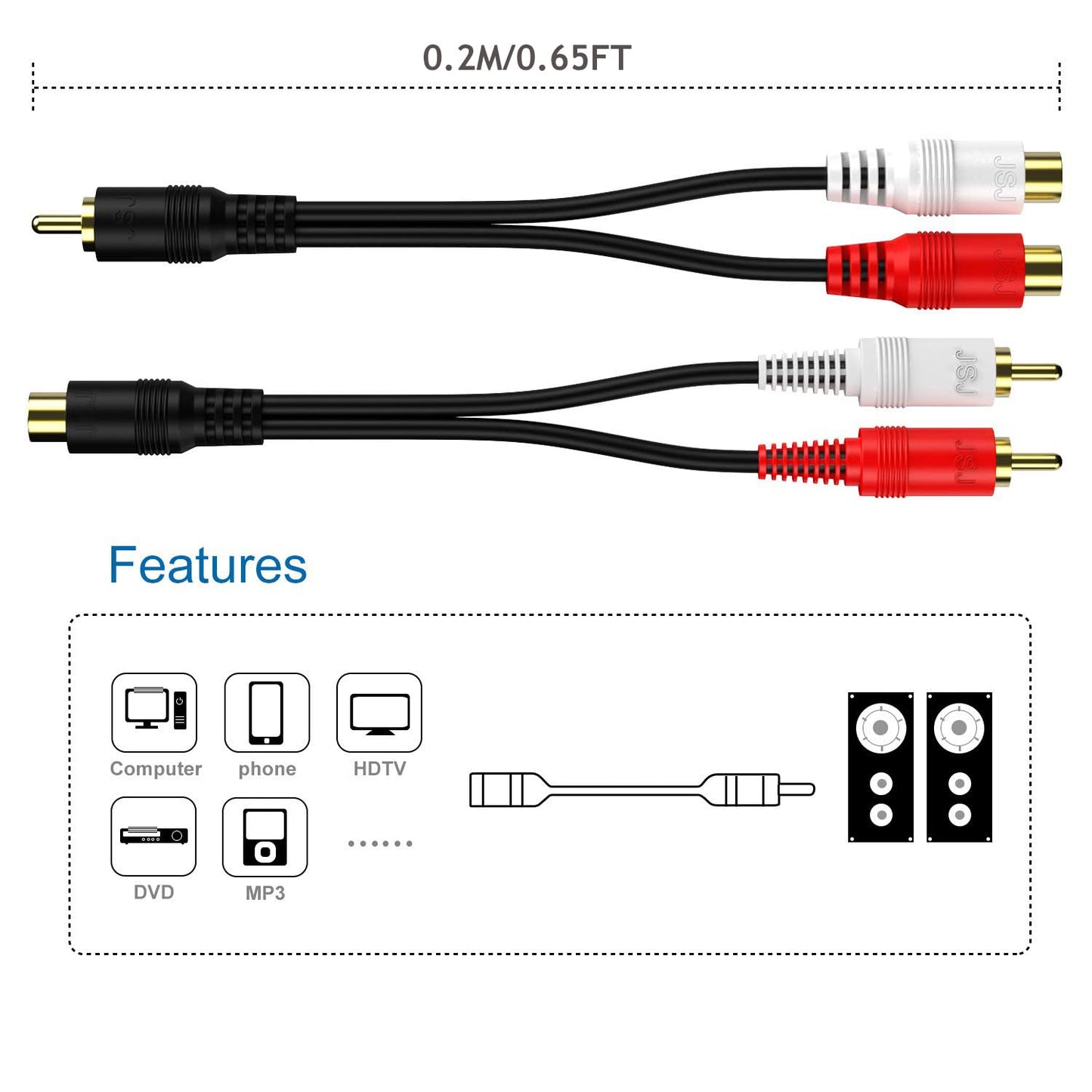 Xsusmdom Combo-Pack (1 2 1 2 24K 0.2M/0.65ft RCA Splitter Y-Adapter Kit Male to Female and Female to Male)