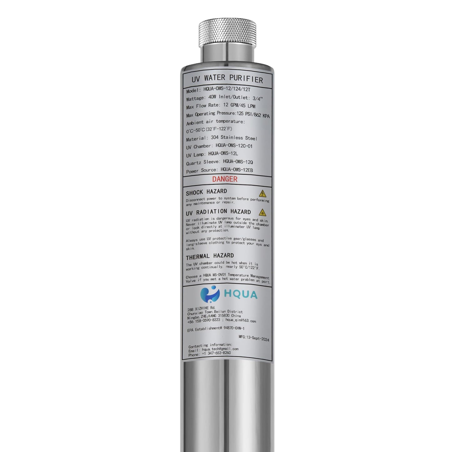 HQUA-OWS-12 120V 40W 3/4" MNPT Inlet/Outlet Whole House Ultraviolet Water Purifier Filter, + 1 Extra UV Bulb