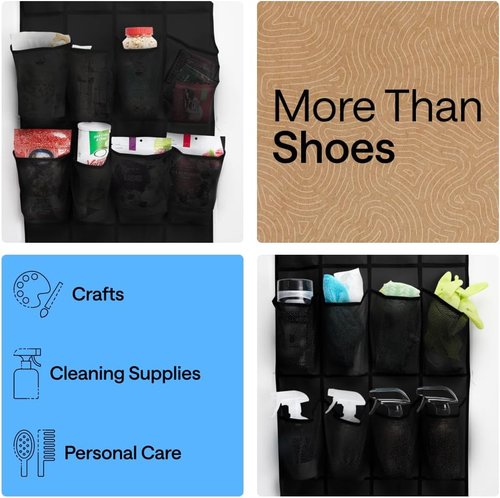 GORILLA GRIP Over The Door Shoe Organizer - 12 Large Breathable Mesh Pockets | Space-Saving Black Storage, 64H x 9.5W