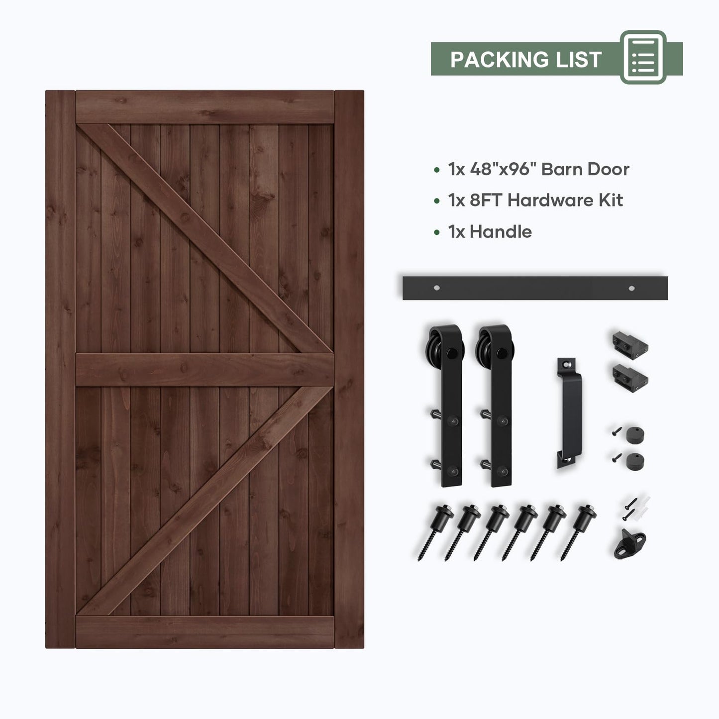 ROYMELO 48x96 inch Sliding Barn Wood Door Slab with 8ft Hardware Kit and Handle, Coffee, K Shape, Simple DIY Assembly