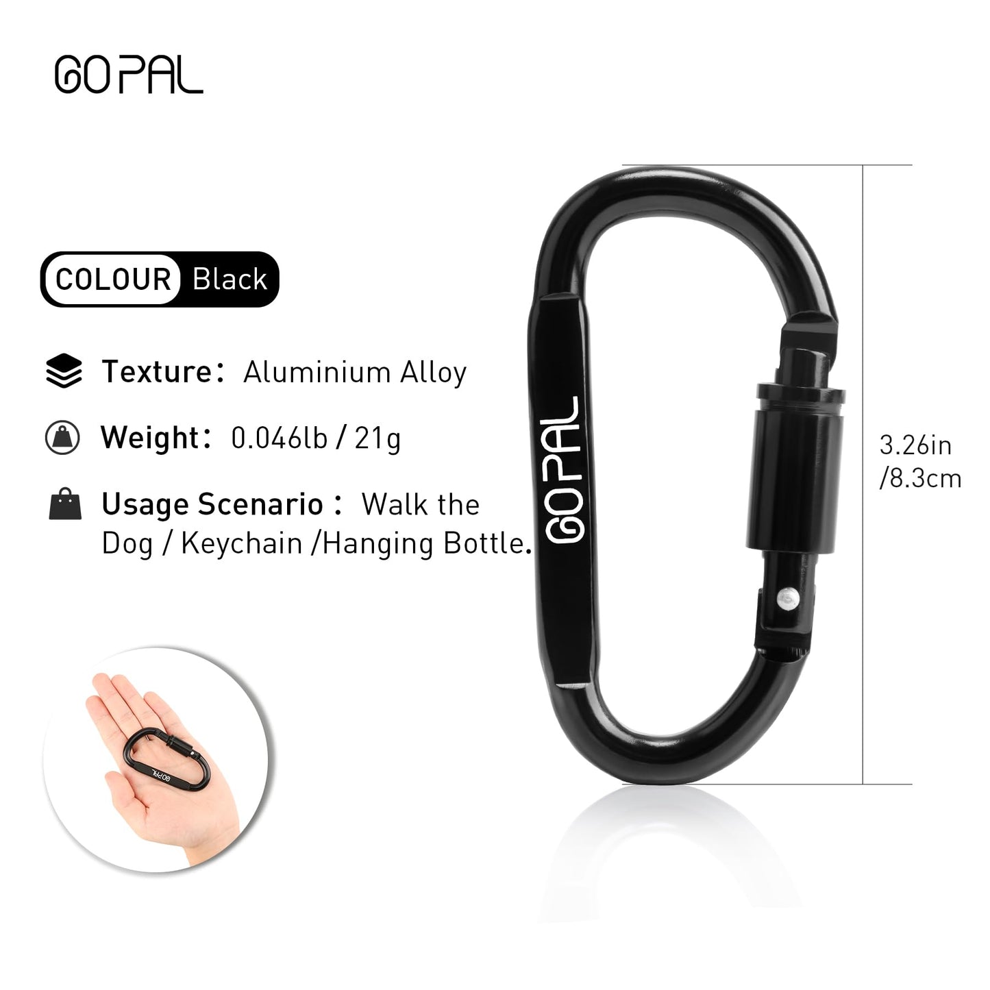 Locking Carabiner Clip:3.15" Large Carabiners Clips - 280lbs Heavy Duty Black Caribiner for Keys, Water Bottle, Backpack, Dog Leash, Travel, Aluminum Carbineers Keychain D Ring Hook 6PCS