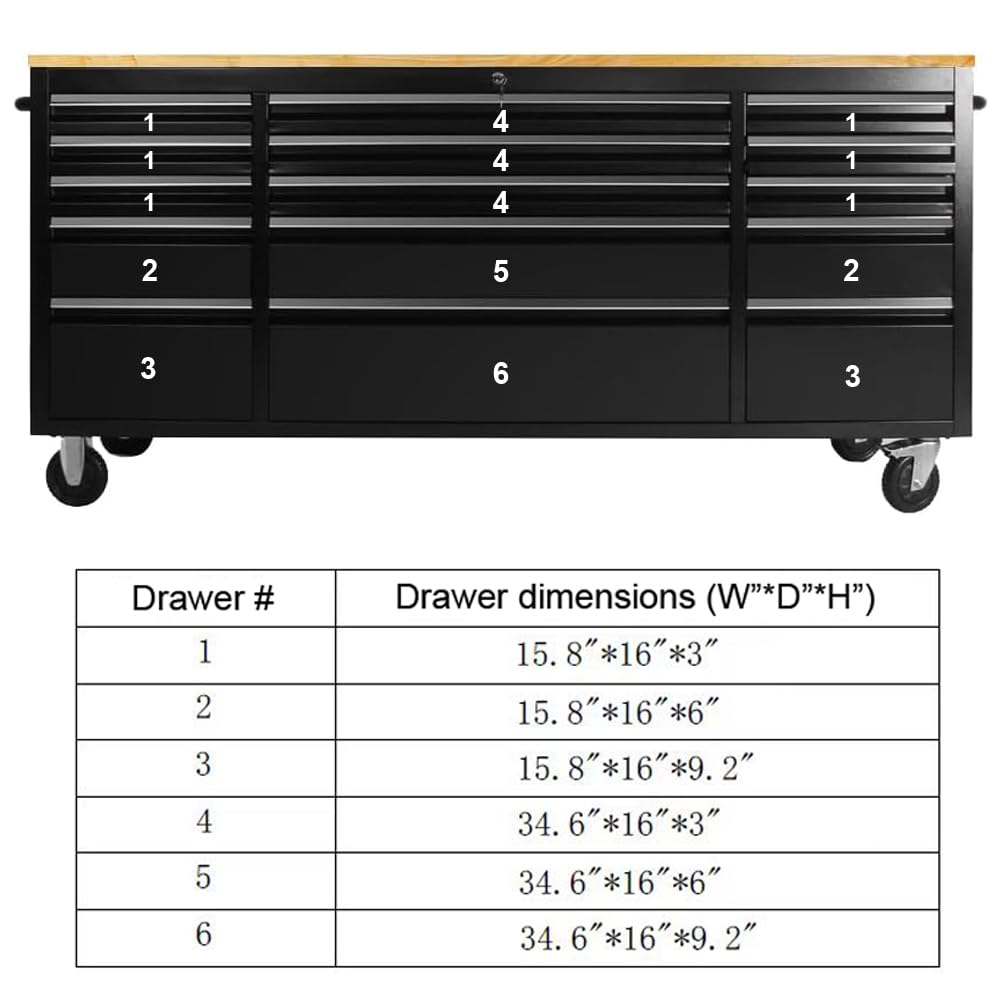 UYRIE 72-inch Rolling Tool Chest with 15 Drawers, Mobile Workbench, Assembled Large Tool Box Lockable Storage Cabinet with Wheels for Garage Workshop (72'' w/15 Drawers - Black)