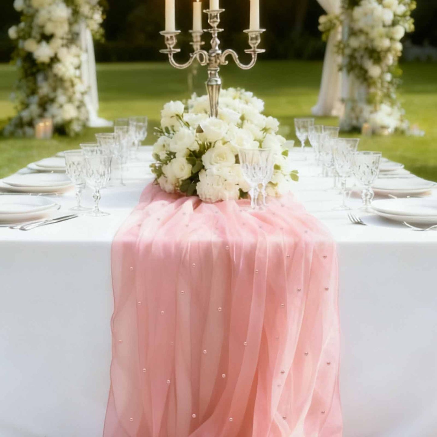 WELTRXE Pearl Table Runner 30x120 Inch 10FT Long, Pink Gauze Table Runners, Rustic Boho for Wedding Arch Birthday Party Bridal Veil Baby Shower Decorations